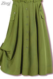 Women Summer Long 2023 Casual Solid High Waist With Belt Pocket Elegant Office Ladies A-Line Skirts Faldas