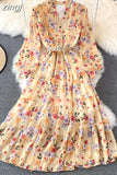 Floral Midi Dress Women Elegant V-Neck Lantern Long Sleeve High Waist Draped A-Line Casual Vestidos Female Spring