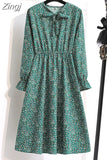 Women Casual Spring Autumn Dress Korean Style Vintage Floral Printed Shirt Dress Long Sleeve Elegant Bow Midi Summer