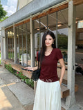 Xixi 13 Lines 2025 Autumn White Standard Temperament Collar Bottom Knitted Short-Sleeved T-Shirt