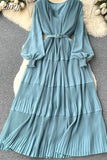 Women Draped Long Dress Vintage V-Neck Lantern Sleeve High Waist A-Line Pleated Maxi Vestidos Purple/Red/Blue Robe