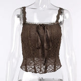 Lace Tank Top Women Sleeveless Sexy Lady Elegant Cropped Shirts Lace Sleeve Front Lace Hollow up Women Top