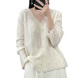 2025 New Cardigan Women's V-Necked Squints Sweater Jacket Loose Pearl Buckle Knitting