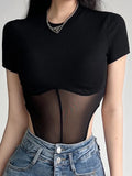Casual Mesh Patchwork Knit Bodycon Summer Bodysuit Women Tops Transparent Short Sleeve Ladies Body Basic Jumpsuit