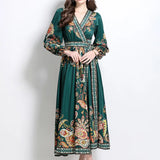 Court Retro Cross V Tie With Belt Lantern Sleeve Print Big Pendted Dress Woman 2025