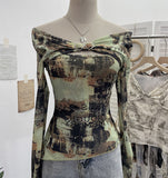 Shooting Strapped With Hollow Retro Print Long-Sleeved Mesh T-Shirt Ribbon Design Spring And Summer Top