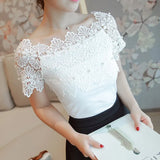 Casual Sexy Women Tops And Blouses Short Sleeve Hollow Out Fashion Elegant Blouses Women Ladies Lace Patchwork Blouse