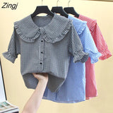 Sweet Plaid Shirt Women Kawaii Peter Pan Collar Lolita Blouse Japanese Preppy Style Puff Sleeve Top Blusas Mujer De