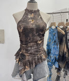 Irregular Hanging Neck Dyeing Net Yarn Vest Lotus Side Ribbon Short Sleeveless Top