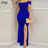 Women Formal Red Party Long Dress 2023 Fashion Velvet Chain Strap Split Thigh Short Sleeve Solid Dress Roupas Femininas