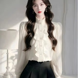 Chic Lace Splicing Long-Sleeved Shirt Early Spring Super Good Single-Dnecked Shirt Temperament Blouse Women's