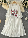 White/Beige Beading Embroidered Long Dress For Women Elegant O-Neck Puff Sleeve High Waist Elegant Party Robe New