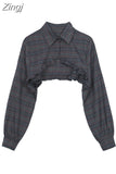 Vintage Plaid Women's Shirt Ruffle Edge 2023 Autumn New Design Chic Sexy Long Sleeve Ultra Short Blouse Tops