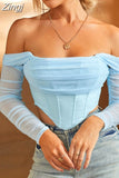 sale! Summer Corset Top Women Y2k Tops Blue Boycon Crop Top Off The Shoulder Sexy Mesh Top Outfits Girl Party