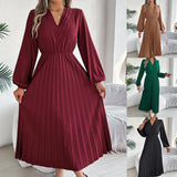 Shooting 2025 Autumn And Winter Elegant Triple V-Neck Long Sleeves To Close The Waist 100-Folded Long Skirt Women's