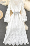 Autumn Red/Yellow/Purple/Blue Hollow Out Embroidered Long Dress Women Vintage V-Neck Puff Sleeve Party Maxi Vestidos
