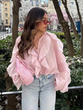 High-End Design Pure Color Temperament Chiffon Lotus Side Zipper Top With Comfortable Loose Long-Sleeved