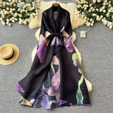 Dress Women's Fashion Collared Belt Long Pressured Folding Printing