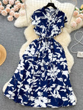 Women Floral Chiffon Midi Dress Vintage V-Neck Ruffle Hem Elegant Single Breasted Vestidos Female Vacation Beach Robe