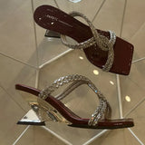 Square Head Diamond Slippers Women's Summer Wear New Transparent High-Heeled Shoes Summer Coarse Heel Cool Drag In The Design