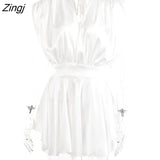 Deep V Neck Satin Dresses Women 2022 Spring Sexy Sleeveless Elegant Blue Robe Solid Backless Bodycon Mini Dress