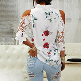 Hollow Out Printed Blouses V-Neck Short Sleeve Lace Shirts Summer Female Strapless Blouse Women Casual Tops Elegant