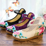 Zingj Shoes, Single Shoes, Peony Folding Fan Ancient Wind Embroidered Cloth Shoes, A Word Buckle Retro Slope Heel