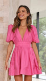 Zingj Summer New Sweet Deep V Waist Show Thin Pleated Bubble Sleeve Dress