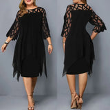 Women's Lace Splicing Seven-Sleeve Irregularly Sleeves Chiffon Dress