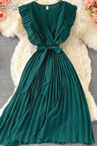 Women Green/Red/Beige Pleated Midi Dress Vintage V-Neck Draped Party Robe Female Elegant Casual Vestidos New Fashion