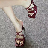 Summer New Net Red Square Head Sexy High-Heeled Sandals Female Bare Color Cross-Exposed Fish Mouth Wearing Cold