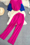 Vintage Women Draped Two Piece Set Blue/Red/Yellow Patchwork O-Neck Short Tops + High Waist Pleated Pant Suits Female