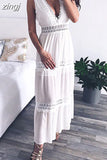 Lace Dresses Women Sexy Deep V Neck Long Dress Ladies Elegant Hollow Out Seleeveless Maxi Dress Boho Robe Femme 211-0-Outfit
