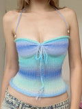 Fresh Girl Dopamine Gradient Color Woven Sling Design Hollow Low Tie Collar Sexy Vest