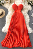 Sexy Spaghetti Strap Dress Women Elegant Hollow Out High Waist Pleated Vestidos Female Party Robe New