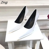 NEW Women's Shoes LEATHER Woman High Heels Pointed toe Women Pumps for Fashion Office Lady Slip on Sock Free White