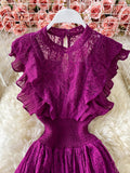 Purple/Green/Red Lace Midi Dress Women Sweet Round Neck Ruffle Vestidos Female High Waist Slim Robe Spring Autumn