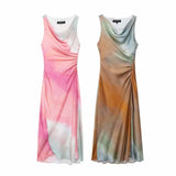 New Tie-Dye Printing Folds Open Fork Fan Dress