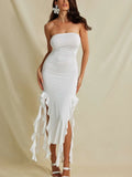 flounce hem maxi dress with ruched