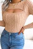 Elegant Women Front Cutout Hollow Out Knitted Pullovers Tops Fashion Long Sleeve Ruched Round Neck Slim Fit