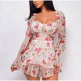 Summer Women's Jumpsuit Long Sleeves Lace Up Ruffle Floral Print Romper Female Playsuit 2023 Sweet Square Collar