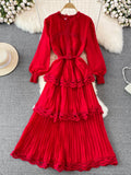 Autumn Women Lace Long Dress Vintage Round Neck Lantern Sleeve High Waist Cascading Ruffle Pleated Party Maxi