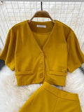 Women Three Pieces Set Elegant V-Neck Short Blouse + Strap Camis + Wide Leg Pants Suit Green/Red/Yellow Spring Fall