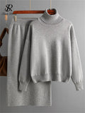 Zingj Women Gentle Knitted Suits Turtleneck Long Sleeve Loose Pullover+Elastic Waist Bodycon Skirt Winter Fashion Solid Sets 211-1-Outfit
