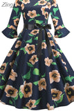 Print Vintage Dress Christmas Dress Women Winter Elegant Party Dresses Petal Sleeve Casual Midi