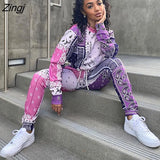 Bandana Print Two 2 Piece Set Women Fitness Sweatsuit Pullover Sweatshirt + Jogger Pants Set Tracksuit Vintage