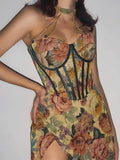Floral Mini Dress Corsets Chain Halter Backless Dress Women Sexy Sleeveless Summer 2022 Streetwear Chic Party