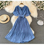 New V-Neck Short-Sleeved Dress Over Knee-Repaired Lady's Waist Tie Mid-Slap