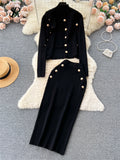 Winter Fashion Knitted Suits Women Slim Knit Vest+Elastic Long Skirt+Warm Cardigans 2025 OL Sweater Three Pieces Sets 211-0-Outfit