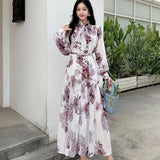 French Temperament Bow Mid-Long Retro Print Temperament Chiffon Dress